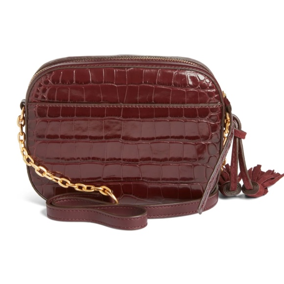 NWT $548 Tory Burch McGraw Embossed Leather Camera Bag in Beetle Berry! - Picture 2 of 8